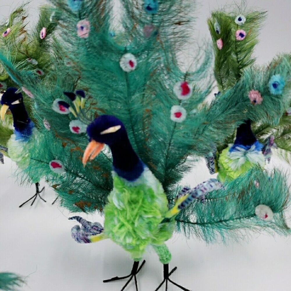Handmade Peacock Figure Lot Needle Felted Artist Animal Sculpture Chenille 6PC